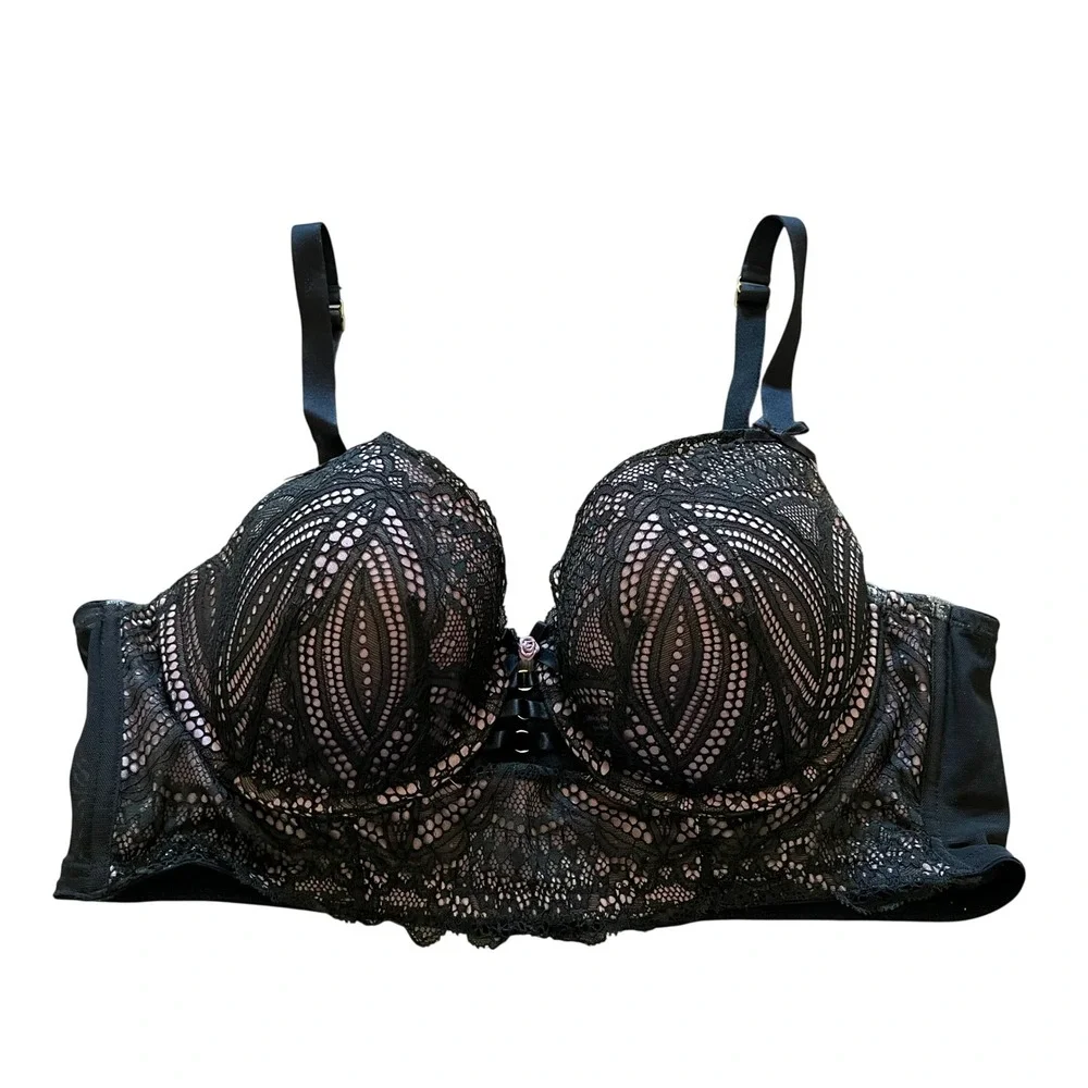 Cacique Black Pink Lace Lightly Lined Balconette Bra 40C Rosebud Detail 5238